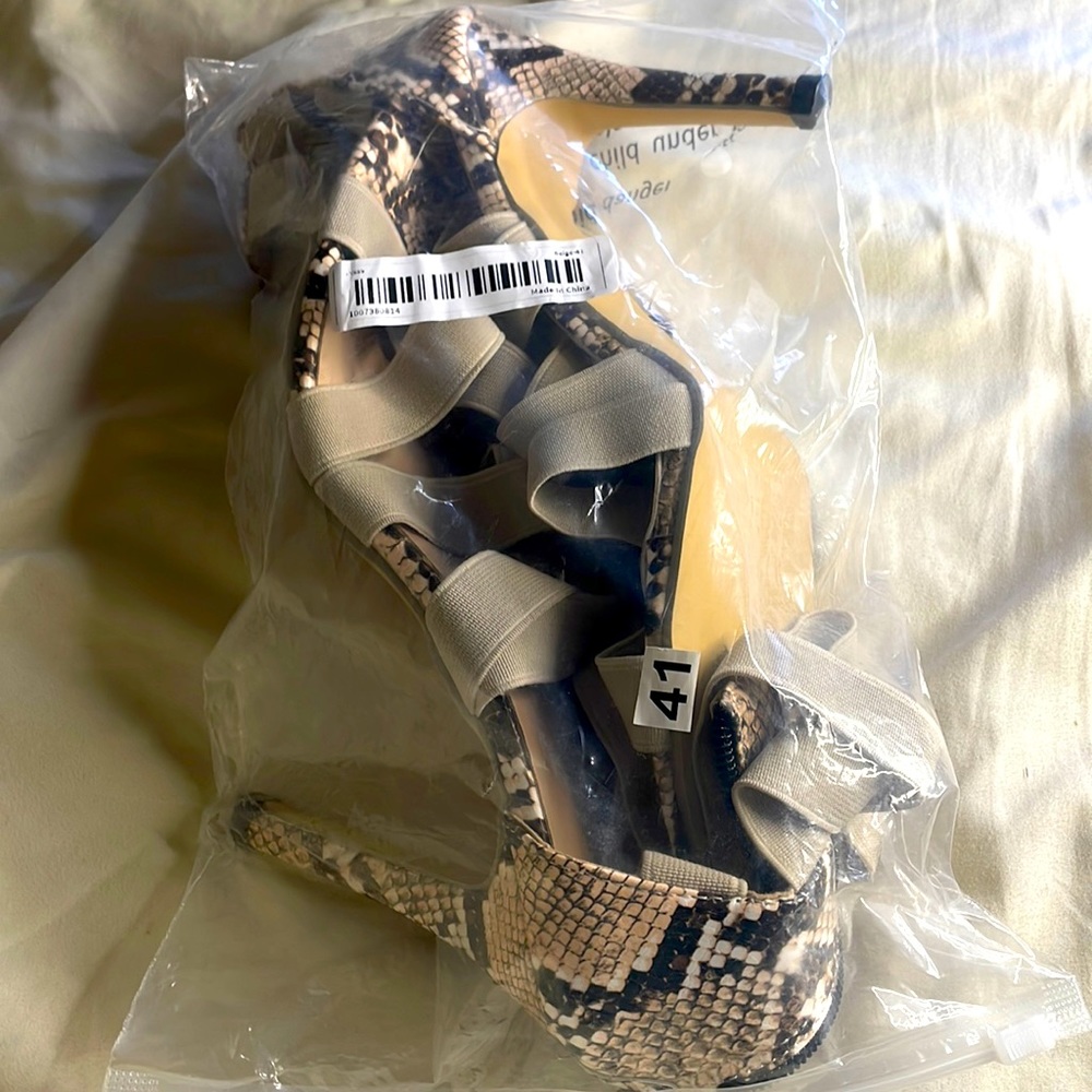 Snakeskin and tan open toe heels size 41